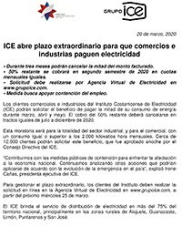 ICE abre plazo extraordinario para que comercios e industrias paguen electricidad